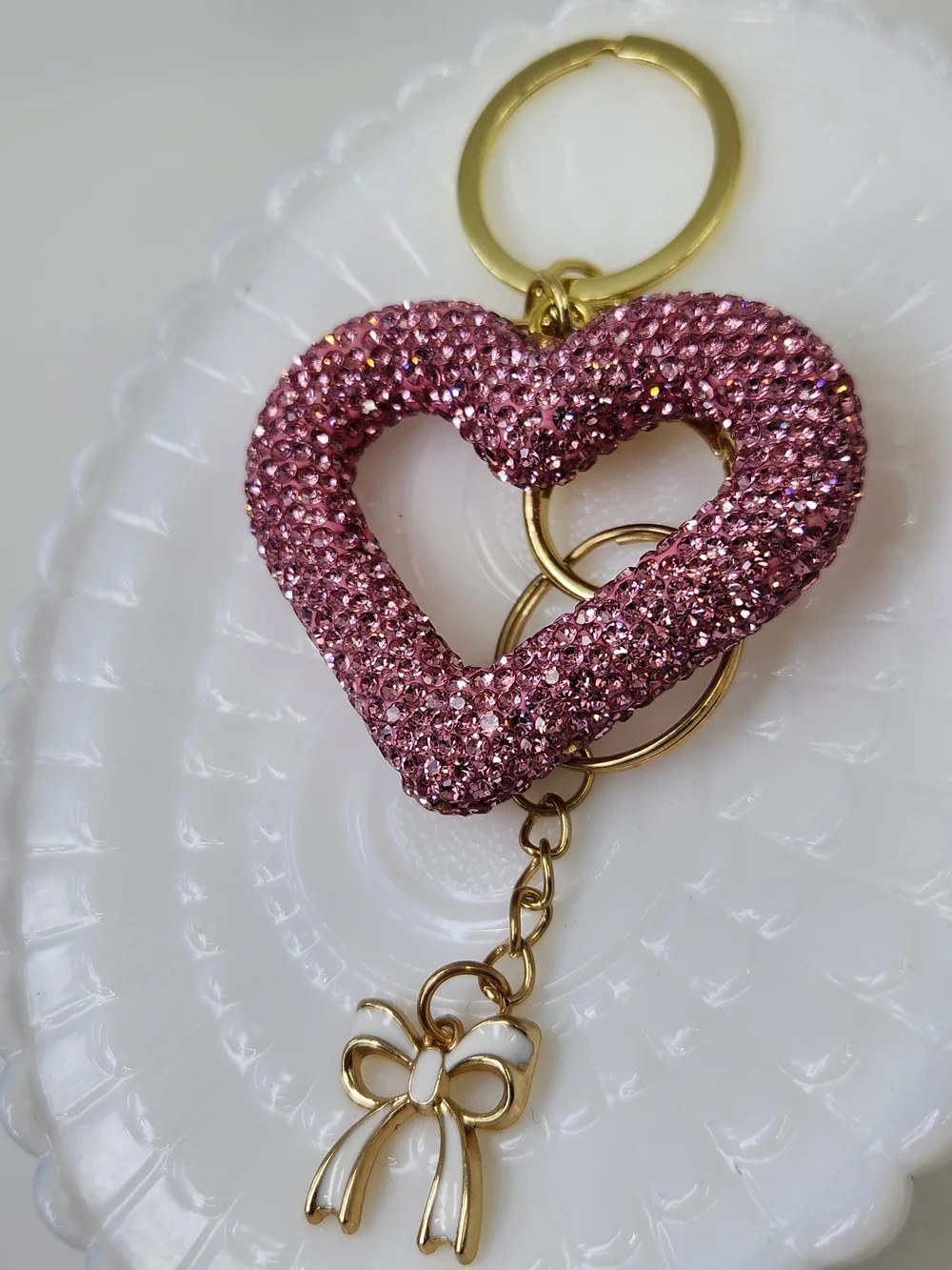 Pink Crystal Heart Keychain with Gold Bow Charm